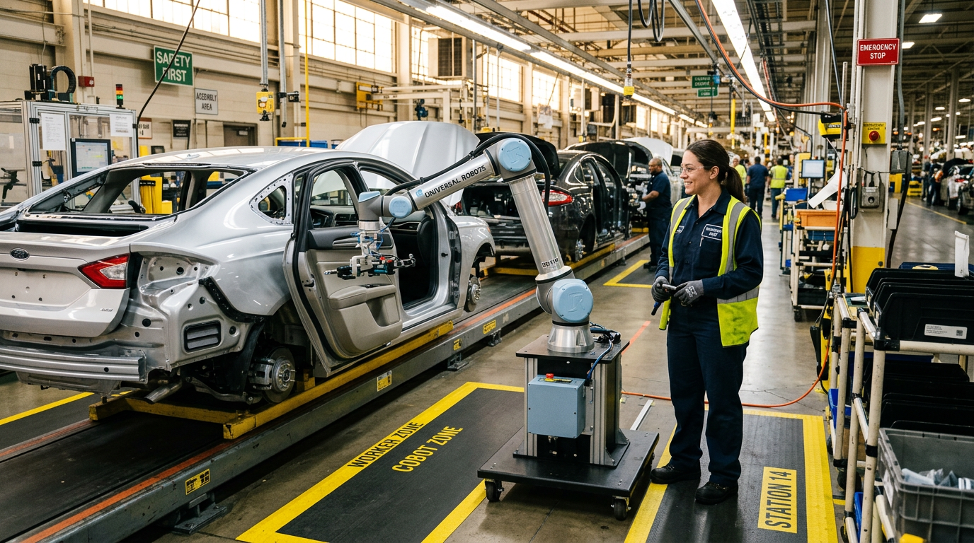 Un bras cobot Universal Robots en operation sur une ligne d'assemblage industrielle