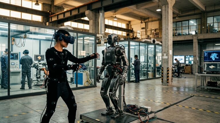 Entraîneur portant combinaison de capture de mouvement face à robot humanoïde en Chine