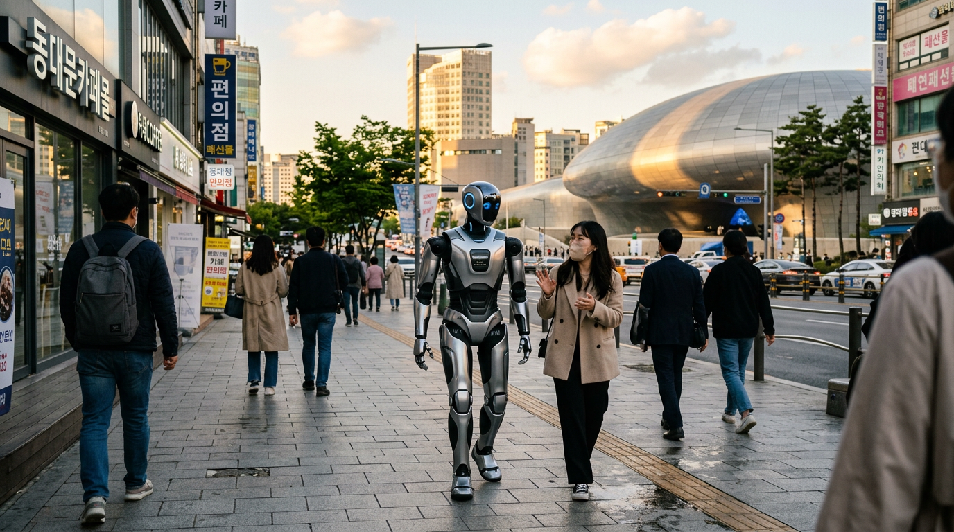 Robot humanoide social interagissant avec des personnes dans une rue de Seoul