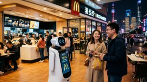 Robot humanoide Keenon Robotics dans un restaurant McDonald Shanghai Chine