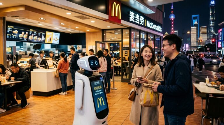 Robot humanoide Keenon Robotics dans un restaurant McDonald Shanghai Chine