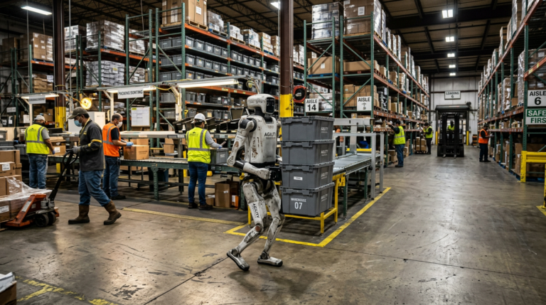 Robot Digit Agility en operation dans un entrepot industriel