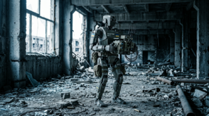 Le robot humanoide Phantom MK-1 de Foundation dans un batiment industriel endommage en Ukraine