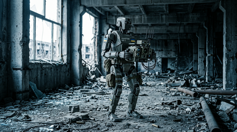Le robot humanoide Phantom MK-1 de Foundation dans un batiment industriel endommage en Ukraine