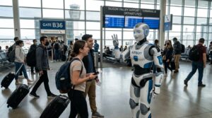 Robot humanoide IntBot Jose accueillant des passagers dans le terminal B de laeroport de San Jose en 50 langues