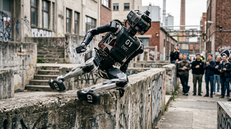 Robot humanoide Unitree G1 effectuant du parkour avec le framework PHP developpe par Amazon et UC Berkeley