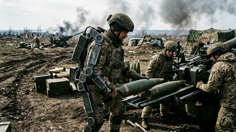 Soldat ukrainien équipé d un exosquelette motorisé chargeant des obus sur obusier CAESAR