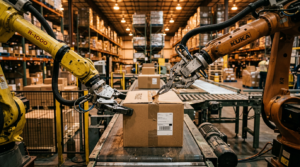 Bras robotiques Rhoda AI realisant une manipulation bimanuale en entrepot industriel