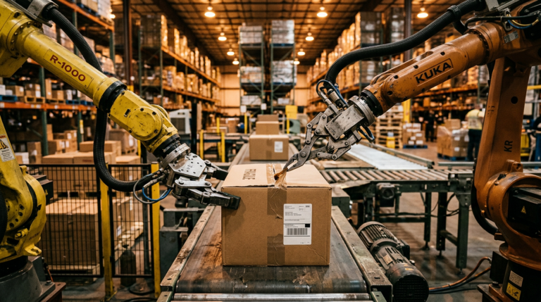 Bras robotiques Rhoda AI realisant une manipulation bimanuale en entrepot industriel