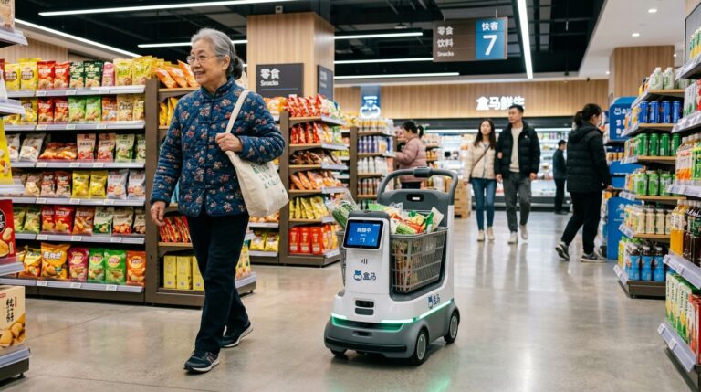 Robot chariot autonome suit les clients en supermarche en Chine
