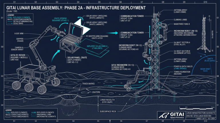 Schema technique des robots GITAI assemblant une base lunaire avec panneau solaire et tour de communication