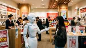 Robot humanoide en boutique mobile KDDI au Japon