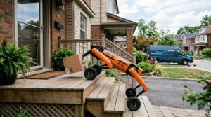 Robot quadrupede Rivr sur les marches dune maison pour la livraison du dernier kilometre, acquisition Amazon