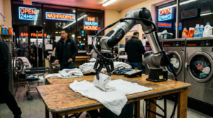 Robot humanoide pliant du linge dans une laverie commerciale, Physical Intelligence pi0.6