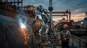 Robot humanoide bipede effectuant du soudage dans un chantier naval, partenariat HD Hyundai et Persona AI