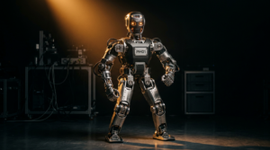 Robot humanoïde EngineAI PM01 en démonstration d équilibre et saut périlleux avant