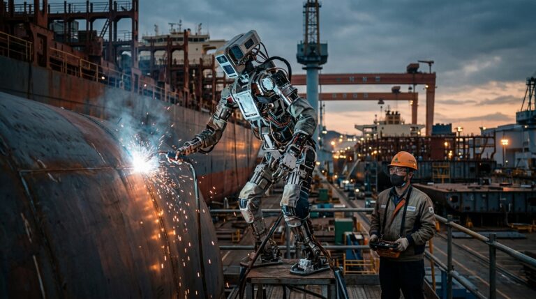 Robot humanoide bipede effectuant du soudage dans un chantier naval, partenariat HD Hyundai et Persona AI