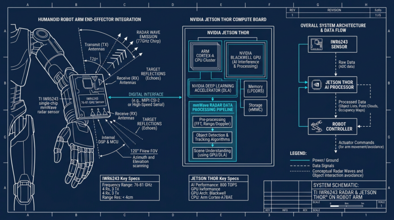 Schéma technique du capteur radar mmWave IWR6243 de Texas Instruments intégré avec le processeur Nvidia Jetson Thor pour robots humanoïdes