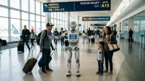 Robot humanoide Jose de IntBot accueille les passagers a l aeroport de San Jose Mineta Terminal B