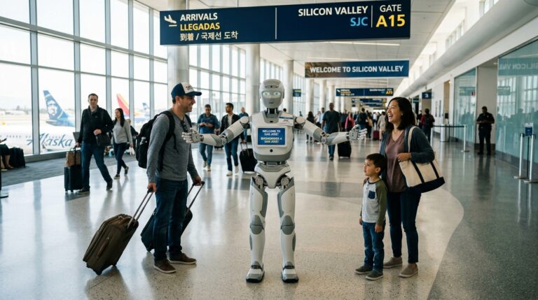 Robot humanoide Jose de IntBot accueille les passagers a l aeroport de San Jose Mineta Terminal B