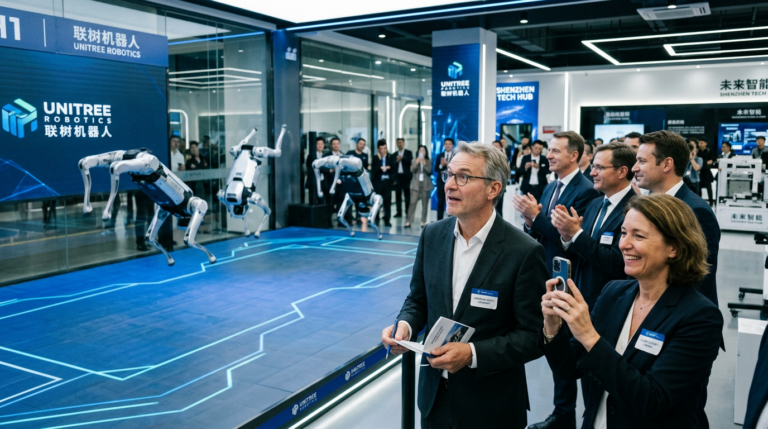 Delegation europeenne observant des robots humanoides en demonstration