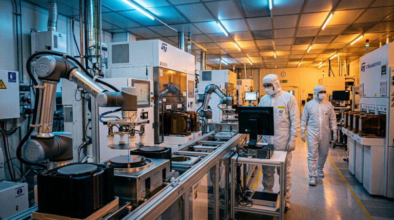Robots humanoides dans une salle blanche de fabrication de semi-conducteurs STMicroelectronics en Europe