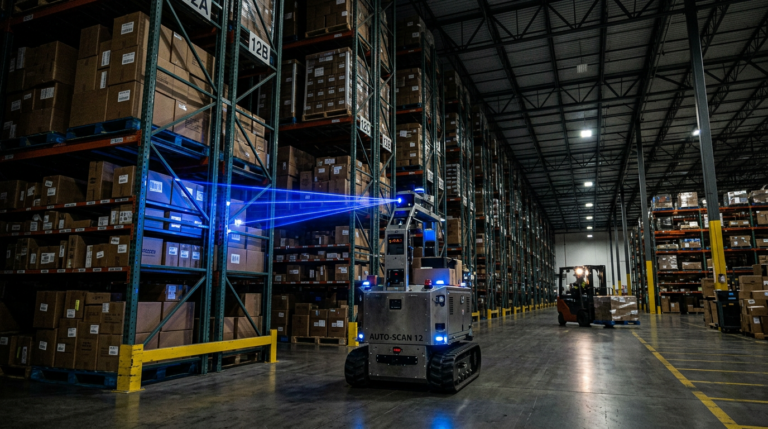 Robot autonome Dexory scannant des rayonnages dans un entrepot logistique