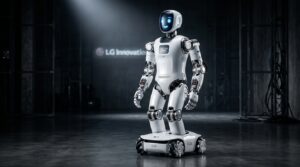 LG CLOi robot humanoide blanc sur fond sombre, presentation produit LG Electronics