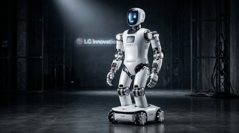 LG CLOi robot humanoide blanc sur fond sombre, presentation produit LG Electronics