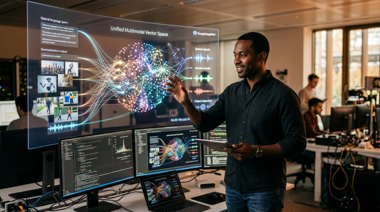 Chercheur Google DeepMind devant des ecrans montrant des flux de donnees multimodaux connectes dans un espace vectoriel unifie par Gemini Embedding 2