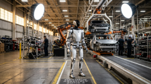 Robot humanoide Tesla Optimus 3 sur la chaine de production Fremont Factory