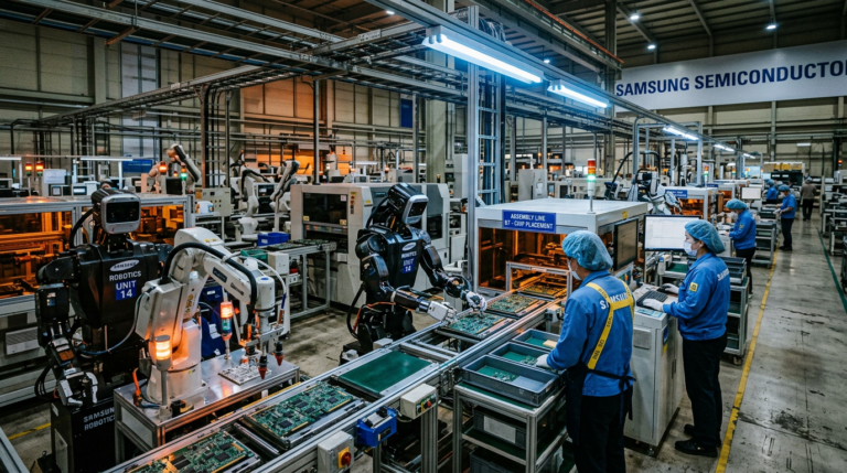 Usine Samsung avec robots humanoides et IA agentique