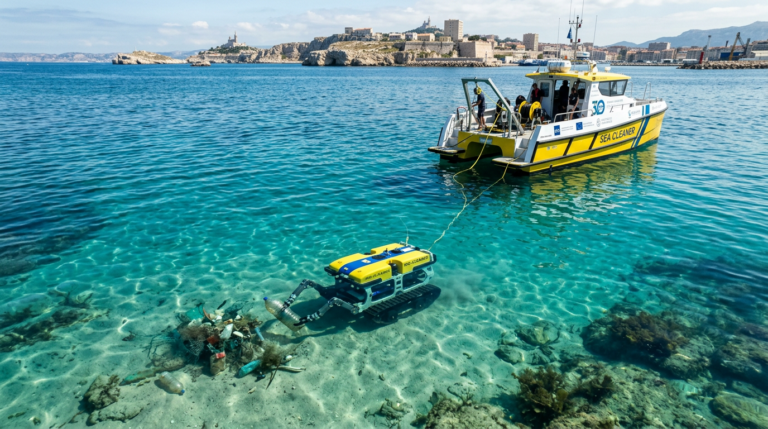 Drone sous-marin autonome du projet SeaClear 2.0 nettoyant le fond de la Mediterranee pres de Marseille