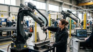 Universal Robots cobot guidé par un opérateur humain formation IA en usine