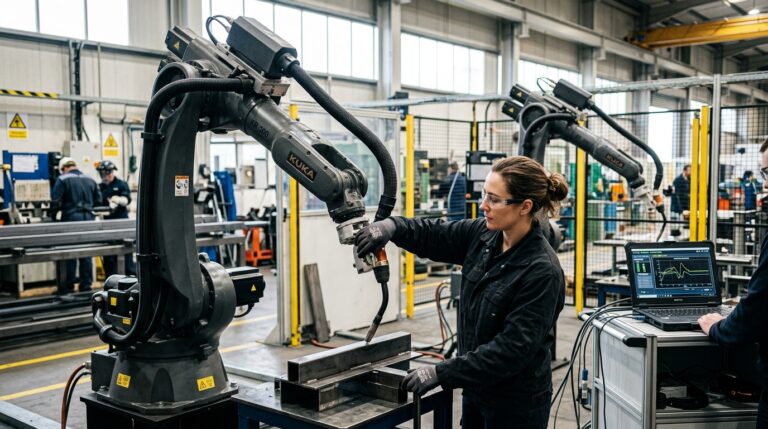 Universal Robots cobot guidé par un opérateur humain formation IA en usine