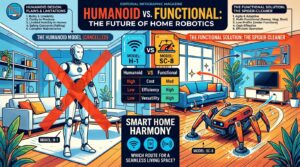 Illustration du debat humanoides versus robots fonctionnels co-concus avec les maisons selon Mark Cuban