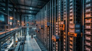 Robots Skypod Exotec dans entrepot logistique Decathlon automatise