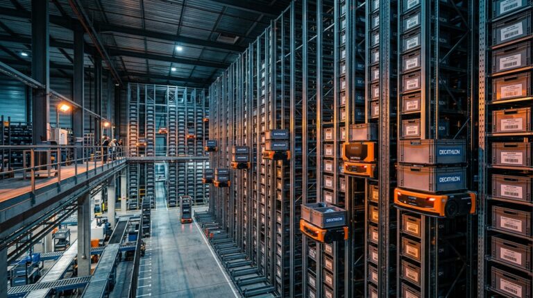 Robots Skypod Exotec dans entrepot logistique Decathlon automatise