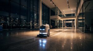 Robot de nettoyage SoftBank Robotics dans un immeuble de bureaux moderne