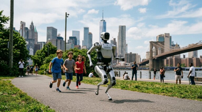 Robot humanide Unitree G1 courant avec des enfants dans un parc de New York