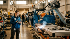 Robot industriel IA sur chaine de montage usine Rivian press photography