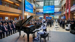 Robot humanoide jouant du piano au Forum Zhongguancun 2026 a Beijing Chine