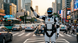 Robot humanoïde AiMOGA en uniforme de policier dirigeant la circulation à une intersection de Shenzhen