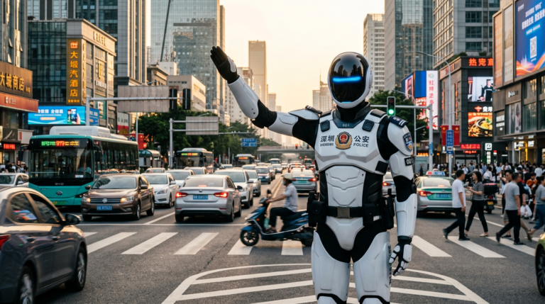 Robot humanoïde AiMOGA en uniforme de policier dirigeant la circulation à une intersection de Shenzhen
