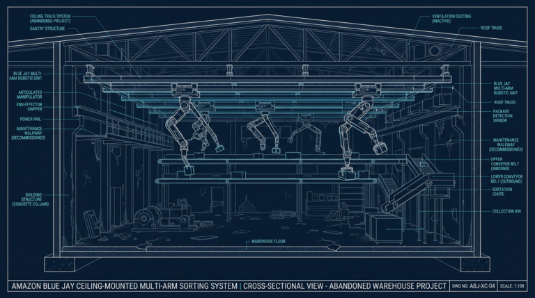 Schéma technique du robot Blue Jay d Amazon, système de tri de colis accroché au plafond des entrepôts