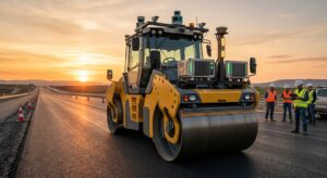 Un compacteur autonome Bedrock Robotics sur un chantier routier, équipé de capteurs lidar et de modules IA