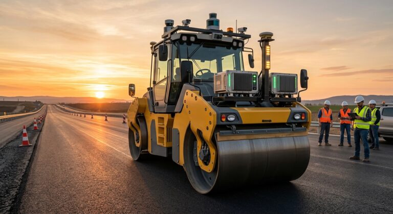 Un compacteur autonome Bedrock Robotics sur un chantier routier, équipé de capteurs lidar et de modules IA