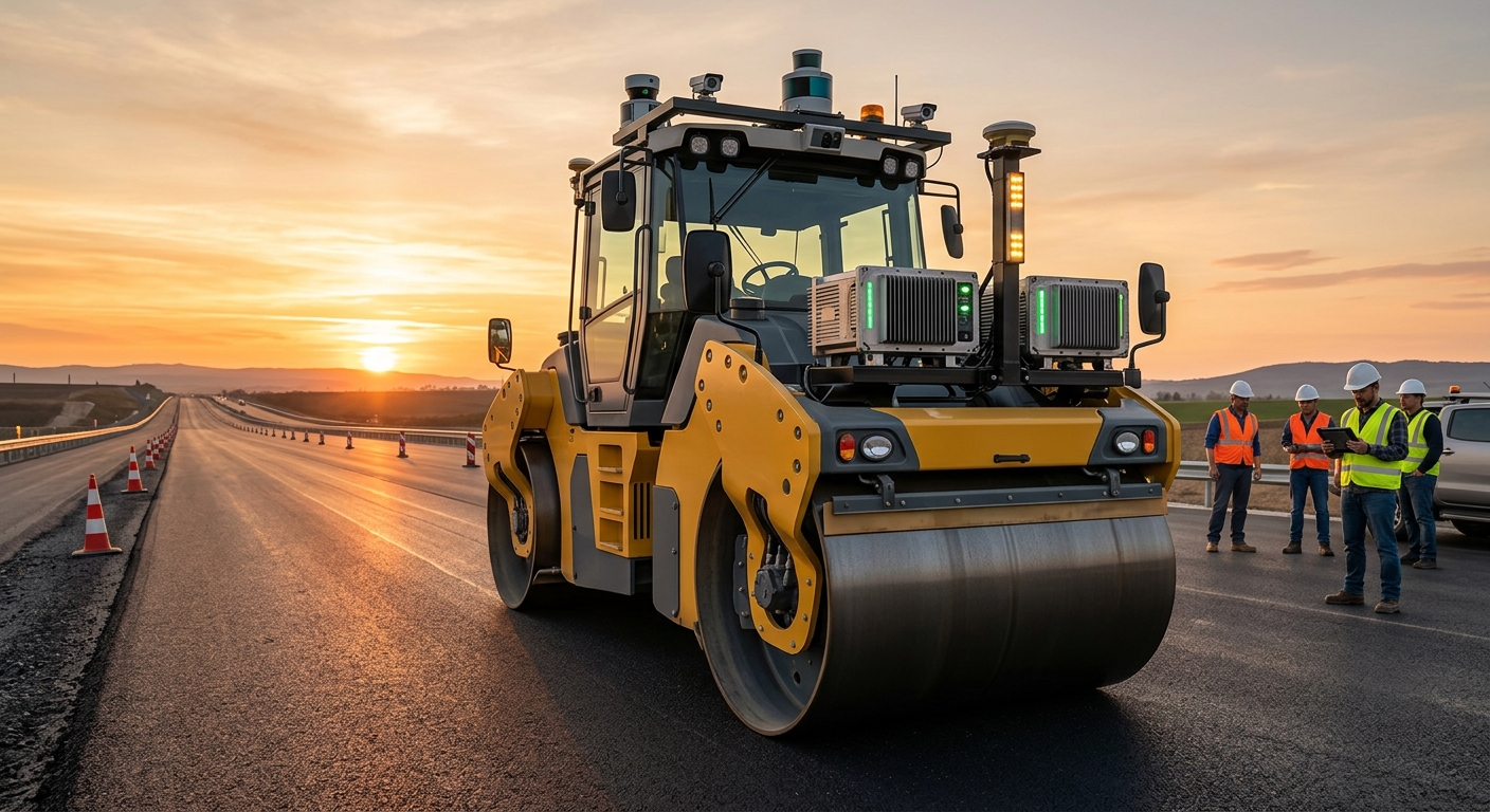 Engin de chantier autonome compacteur rouleau autopilote construction route Bedrock Robotics