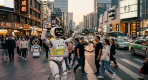 Robot Tongtianxiao dirigeant la circulation à Chengdu avec le robot émotionnel AIQ en arrière-plan