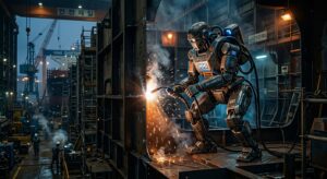 Robot humanoïde bipède réalisant des opérations de soudage dans un chantier naval coréen